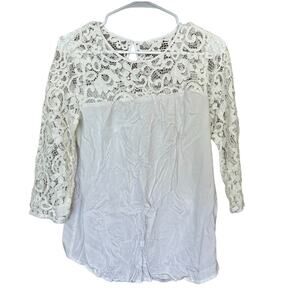 Old Navy Women's White Cotton Blend Lace 3/4 Sleeves Pull Over Blouse Medium‎